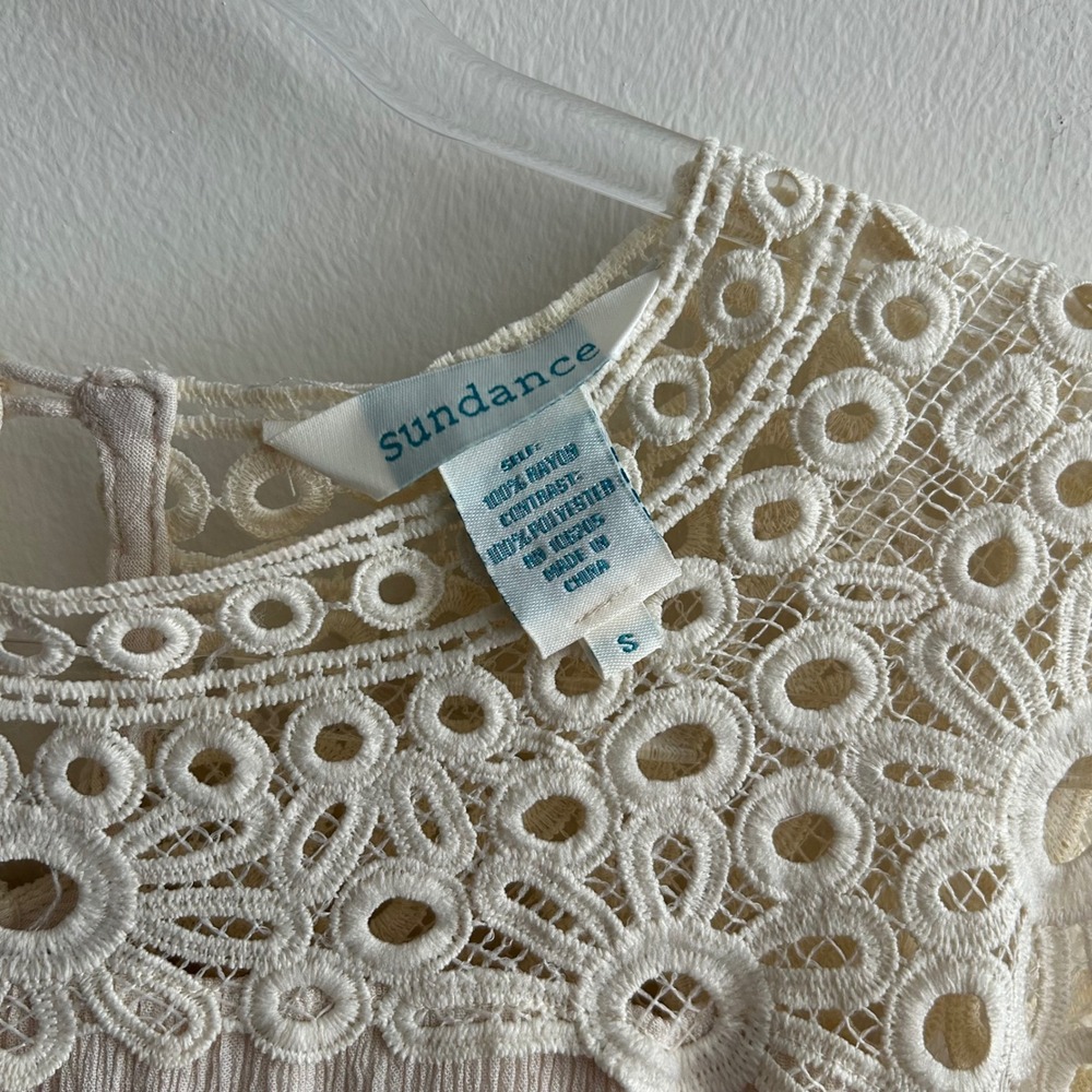 Sundance Mini Dress Ivory Small Crochet Lace Crinkle Gauze Smocked Waist Boho - Picture 2 of 7